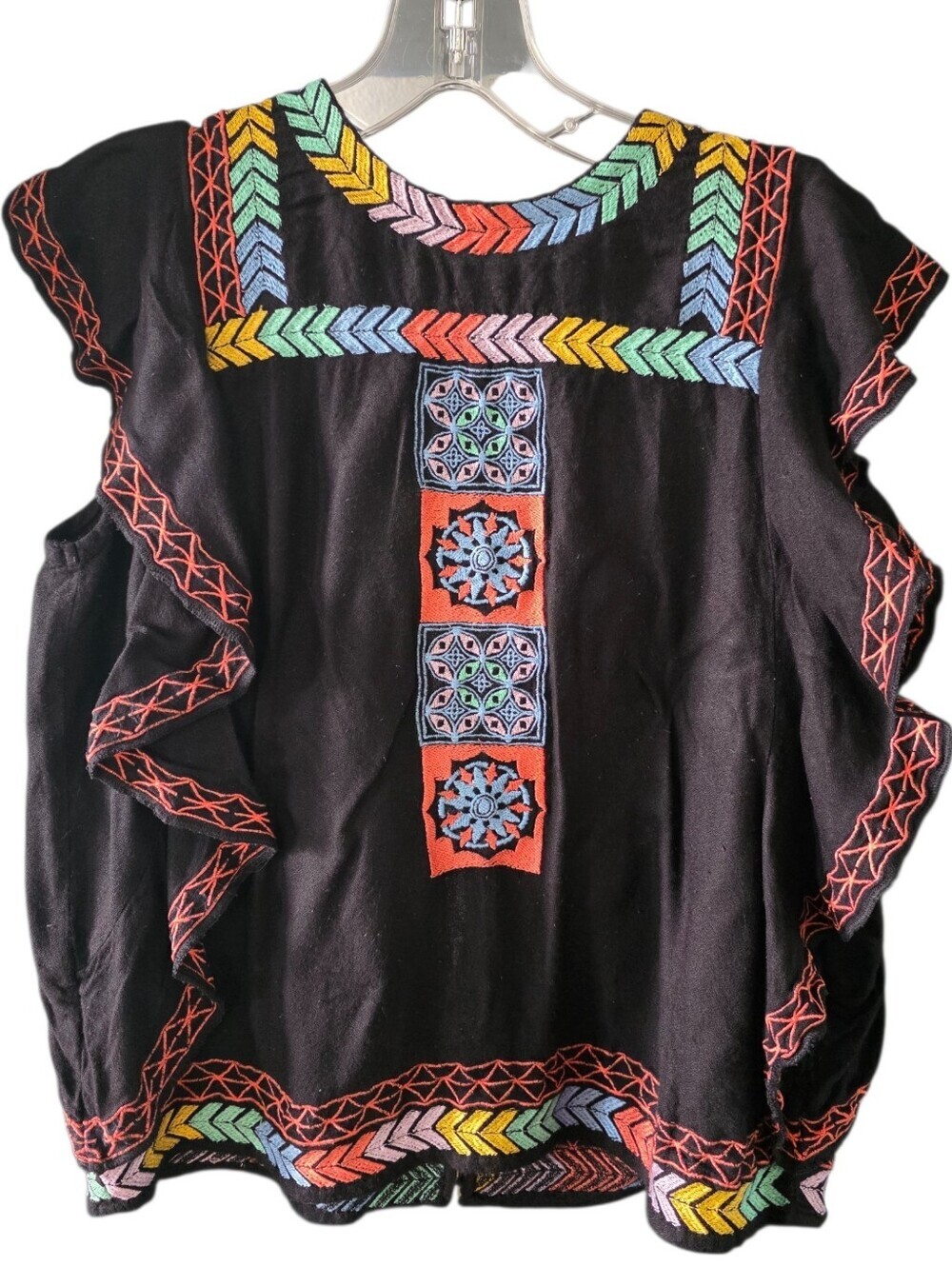 Black Flutter-Sleeve Blouse With Colorful Embroidery No Size Tag/Approx. Sm/Med